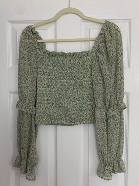 wild fable Sage Green Floral Smocked Square-Neck Crop Top